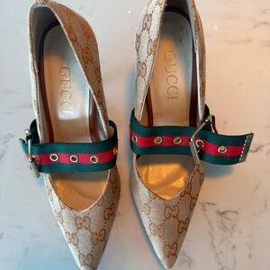 Canvas Pointed-Toe Mary Jane Pumps in Beige with Green/Red Web